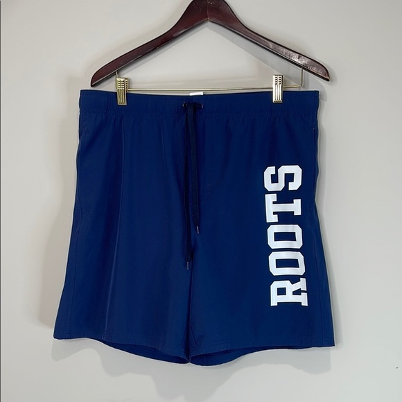 Roots Mens Graphic Logo Swim Shorts Navy Blue Mesh Lined Pockets Draw String L - Picture 13 of 13